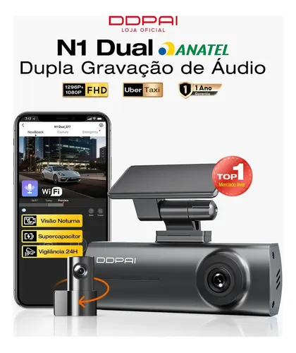 Imagem do produto Ddpai N1 Câmera Veicular Automotiva Dupla 1296p + 1080p com Wi-Fi, Dashcam e Câmera para Carro com Visão Noturna Sensor G Gravação em Loop e Modo Estacionamento 24h Supercapacitor