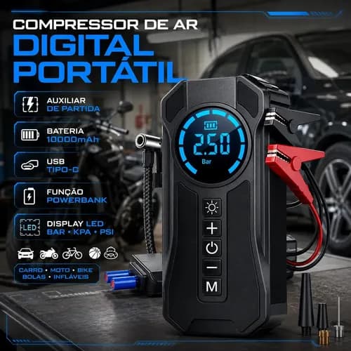 Imagem do produto Mini Compressor De Ar Portátil Bateria Emergência Ignição Automotiva Potente Preto Compacto