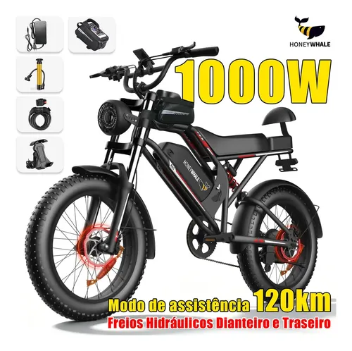 Imagem do produto Honeywhale K6S Bicicleta Elétrica Adulto, 1000w-65km-55km/h-150KG-15,6AH, Bike-motor-autonomia-velocidade-carge, Freios Hidráulicos, Honey Whale Ebike Com Bolsa e Suporte para Celular, 20 Aro