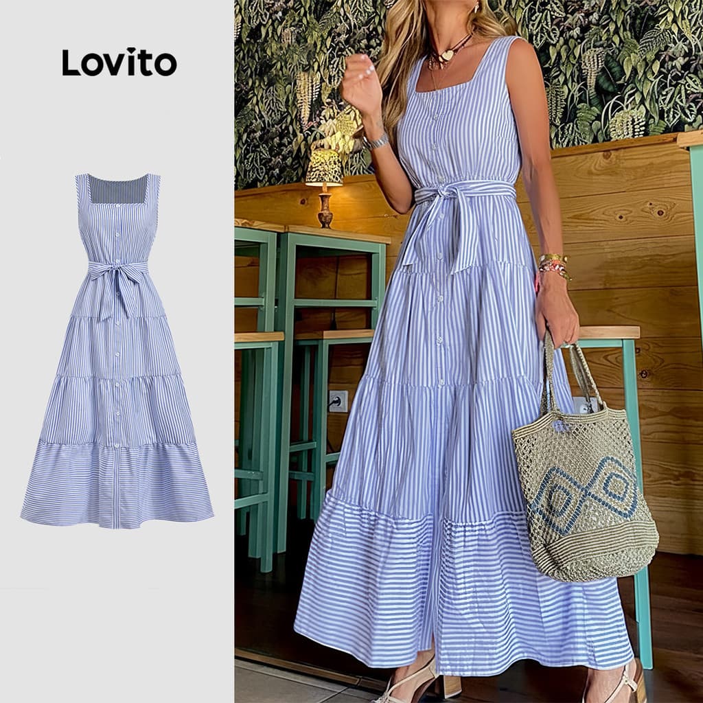 Imagem do produto (Lovito x Ana) Vestido Casual Feminino com Cinto e Estampa para a Primavera e O verão LBL34016