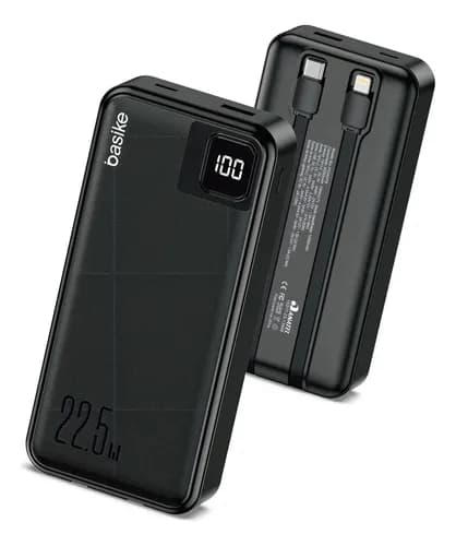 Imagem do produto Power Bank Basike 20000mAh Preto, Carga Rápida 22.5W para iPhone e Samsung, Com Cabos Embutidos e Display
